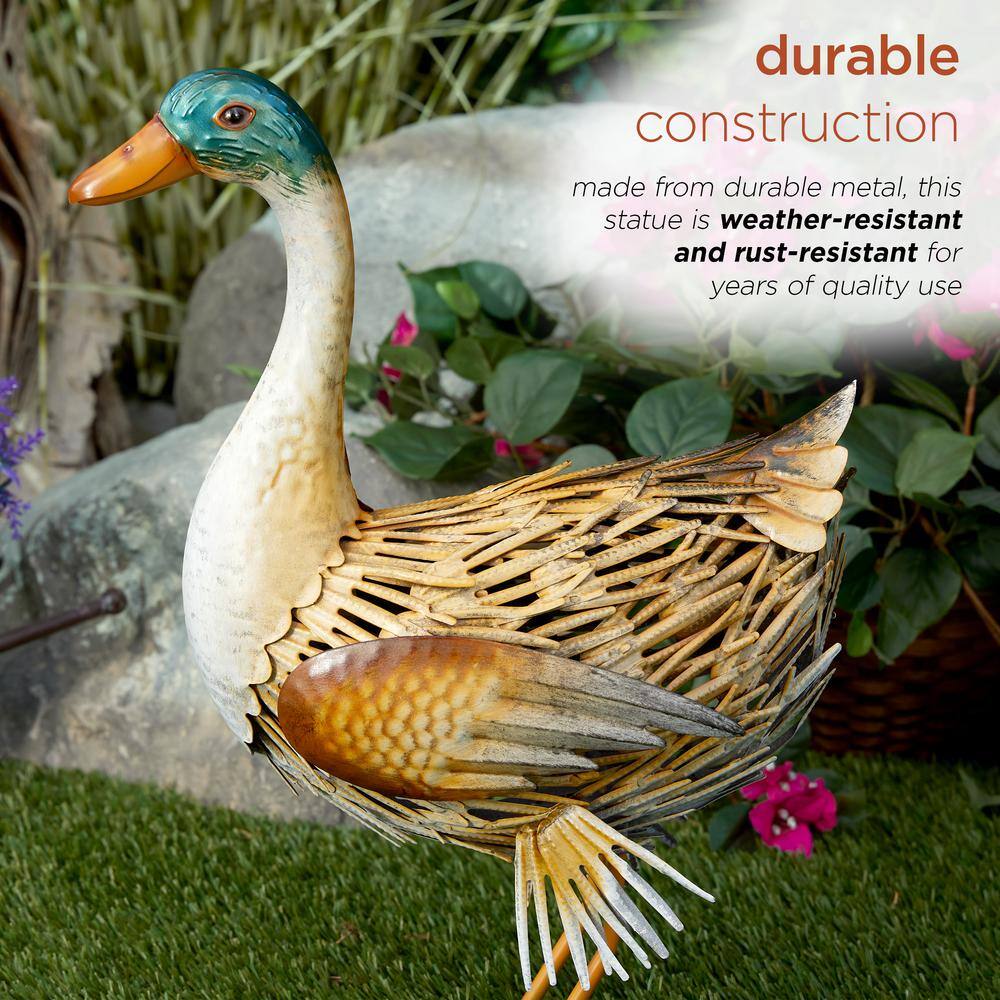 Alpine Corporation 20 in. H Indoor/Outdoor Metal Standing Duck Decorative Garden Statue, Gold/Green MBG142HH