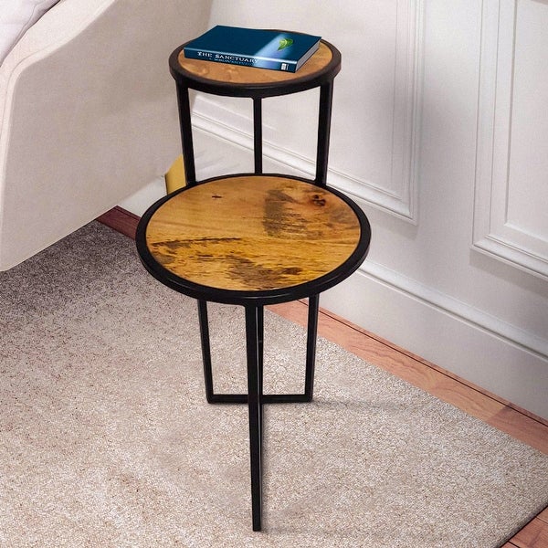 Two Tier Round Wooden Side Table with Metal Frame， Brown and Brass