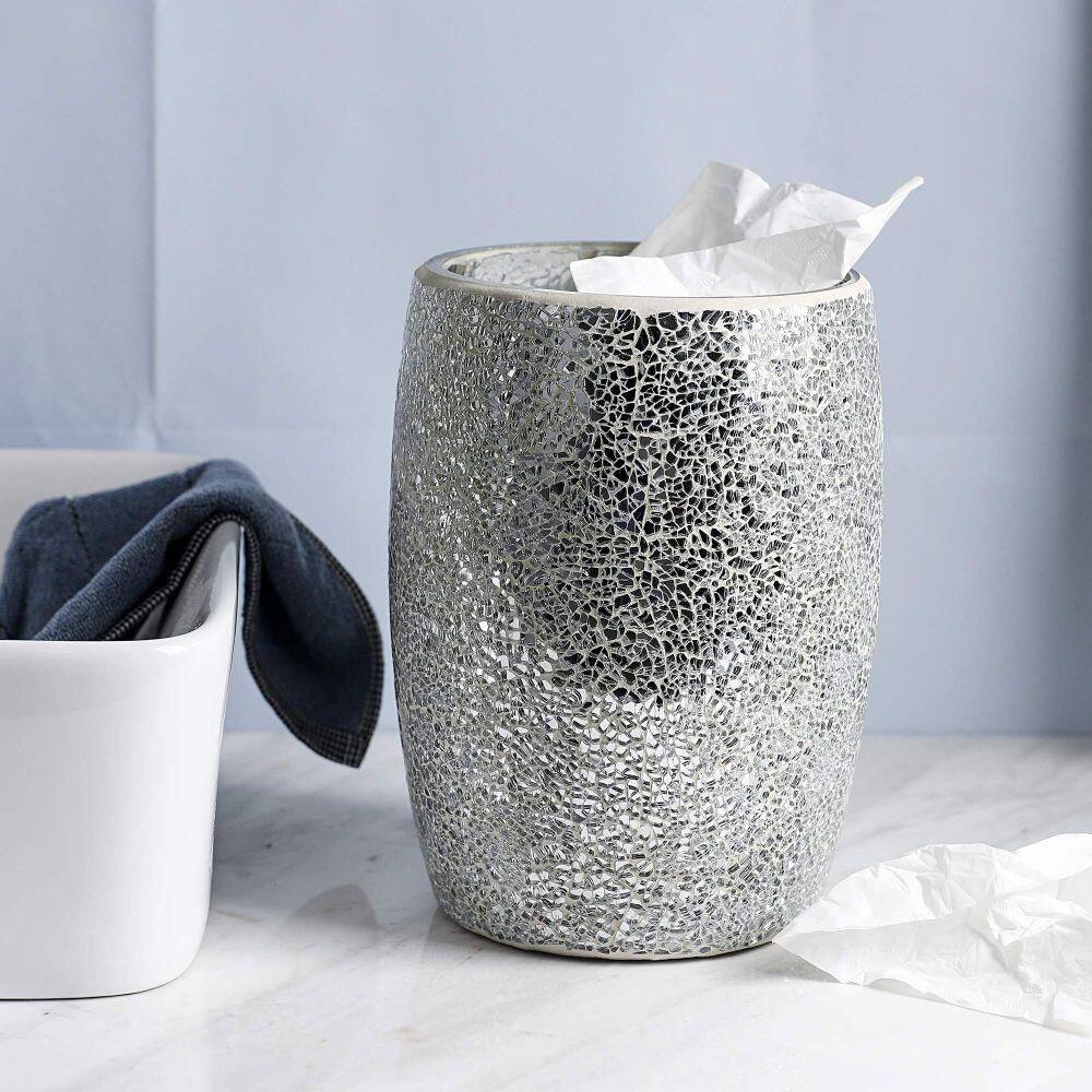 Dracelo Shiny Glass Bathroom Wastebasket in Silver B07K3XB325