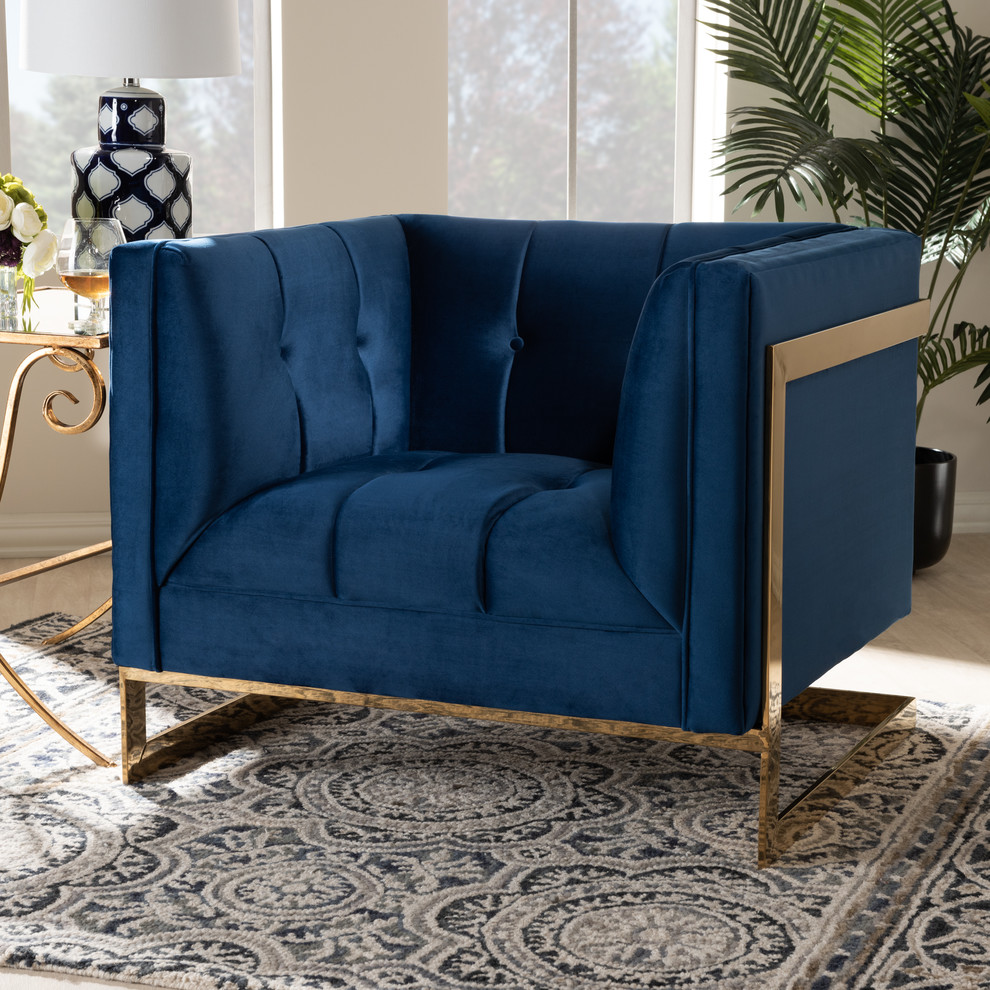 Rolland Royal Blue Velvet Button Tufted Armchair With Gold Tone Frame   Contemporary   Armchairs And Accent Chairs   by Baxton Studio  Houzz