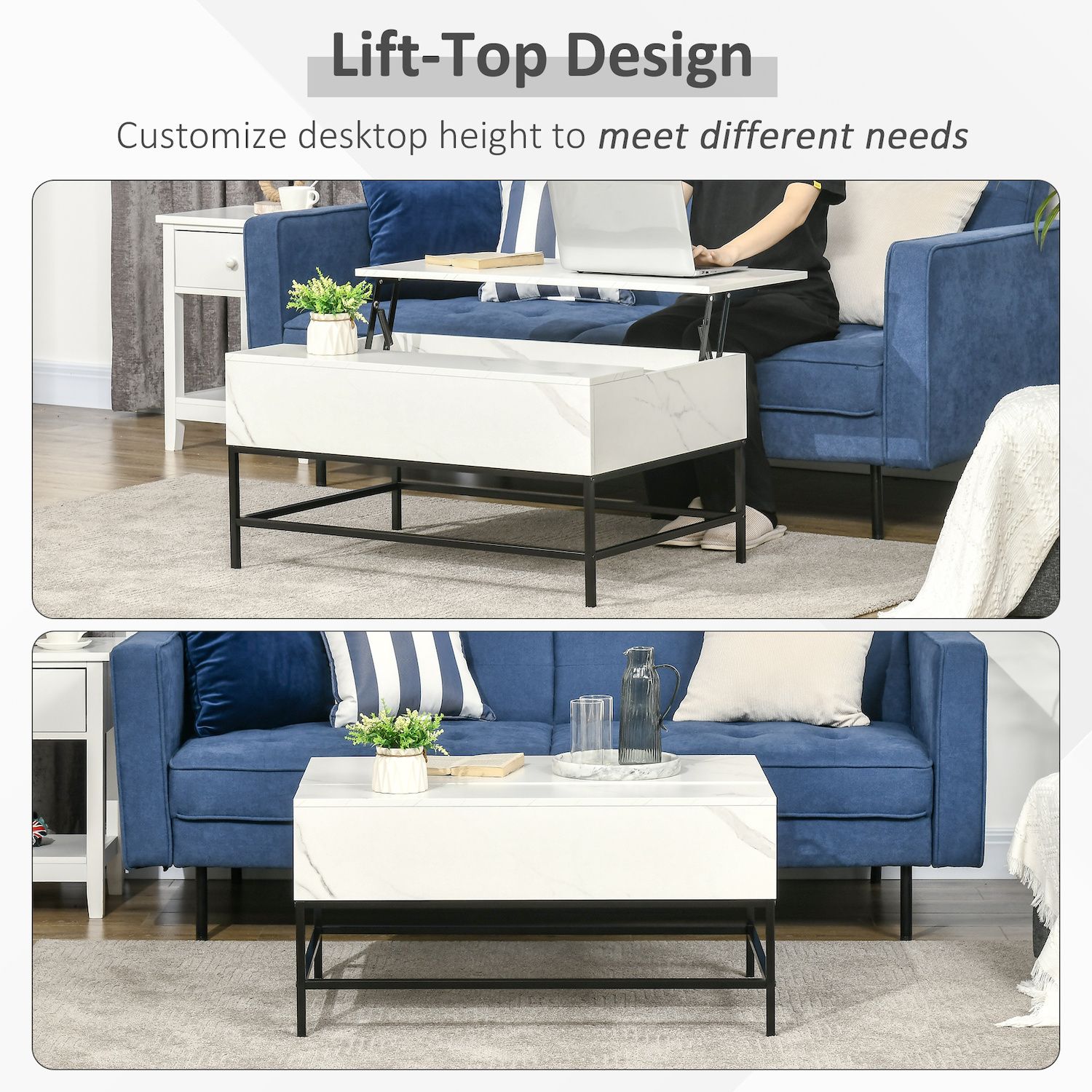 HOMCOM Modern Lift Top Coffee Table with Hidden Storage Compartment and Metal Legs， for Living Room， Home Office， White