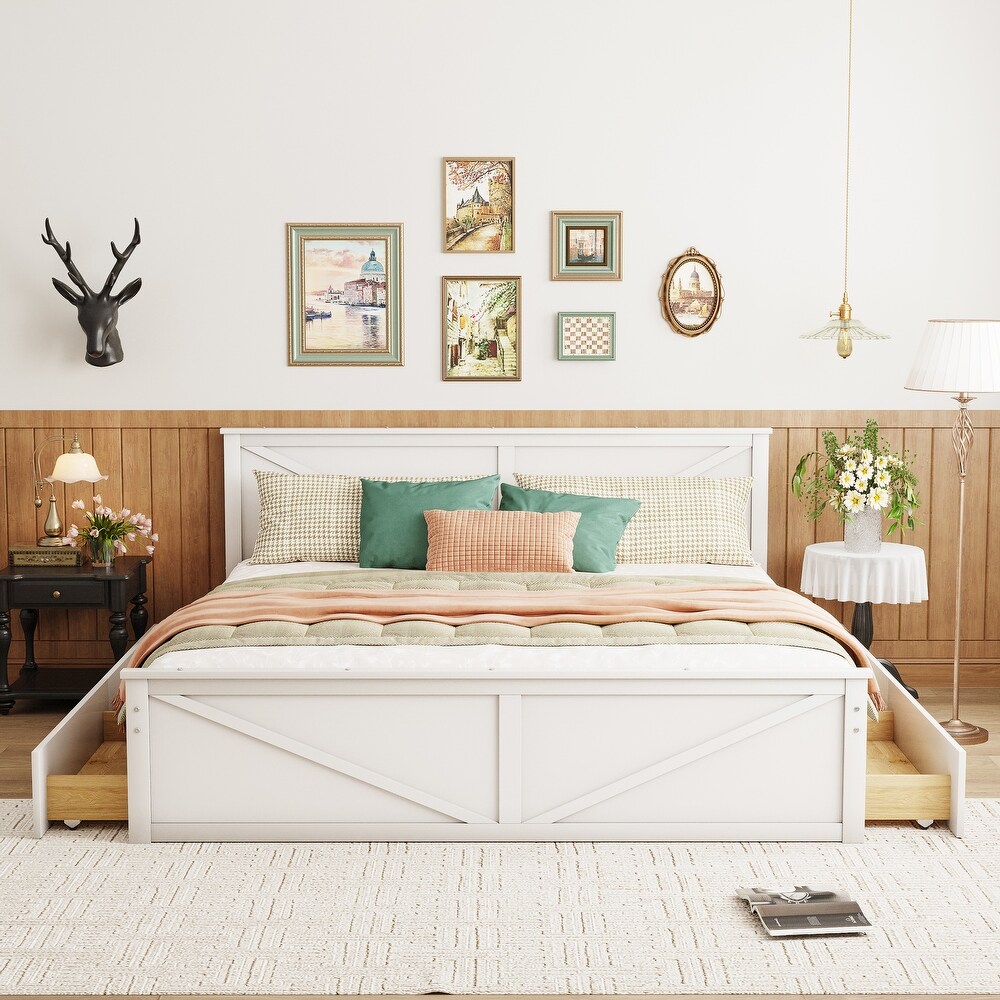 King Size Wooden Platform Bed with Storage Drawers and Support Legs