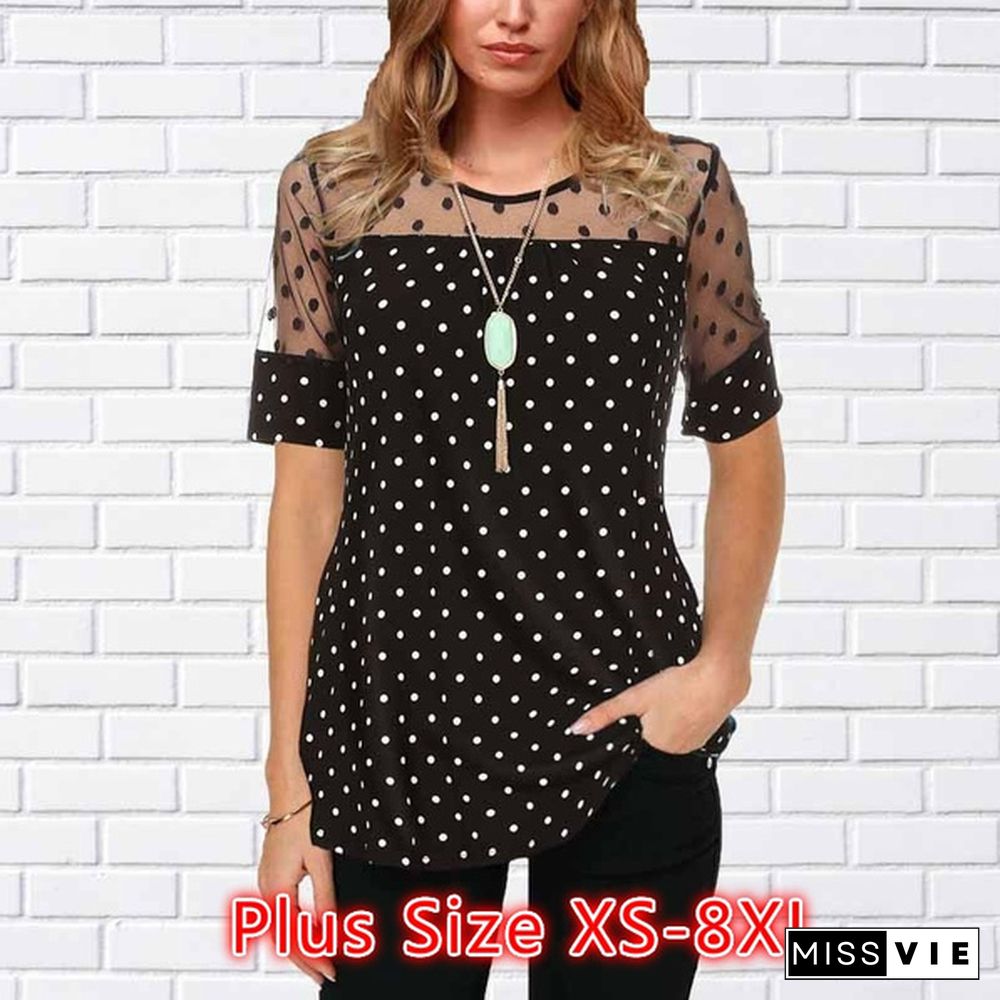 Women Polka Dot Mesh Patchwork Short Sleeve Blouse T Shirt Plus Size XS-8XL