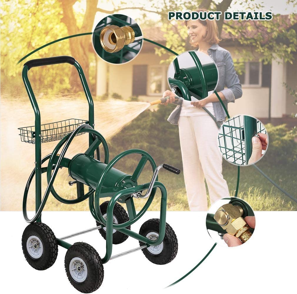 NiamVelo Garden Hose Reel Cart with Wheels， Water Hose Reel Cart Heavy Duty Hose Reel Holds 300-feet of 5/8-inch Hose Metal Hose Reels for Outdoor Yard Lawn with Storage Basket， Green