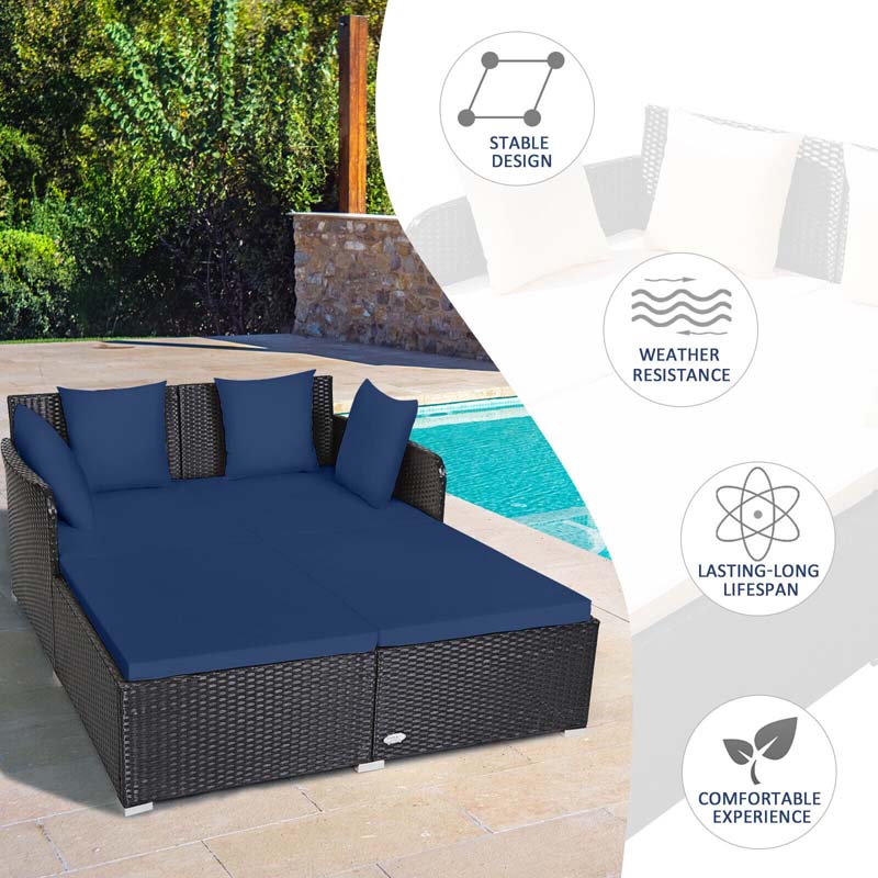 Rattan Wicker Outdoor Daybed Patio Furniture Cushioned Sofa Set with Thick Pillows