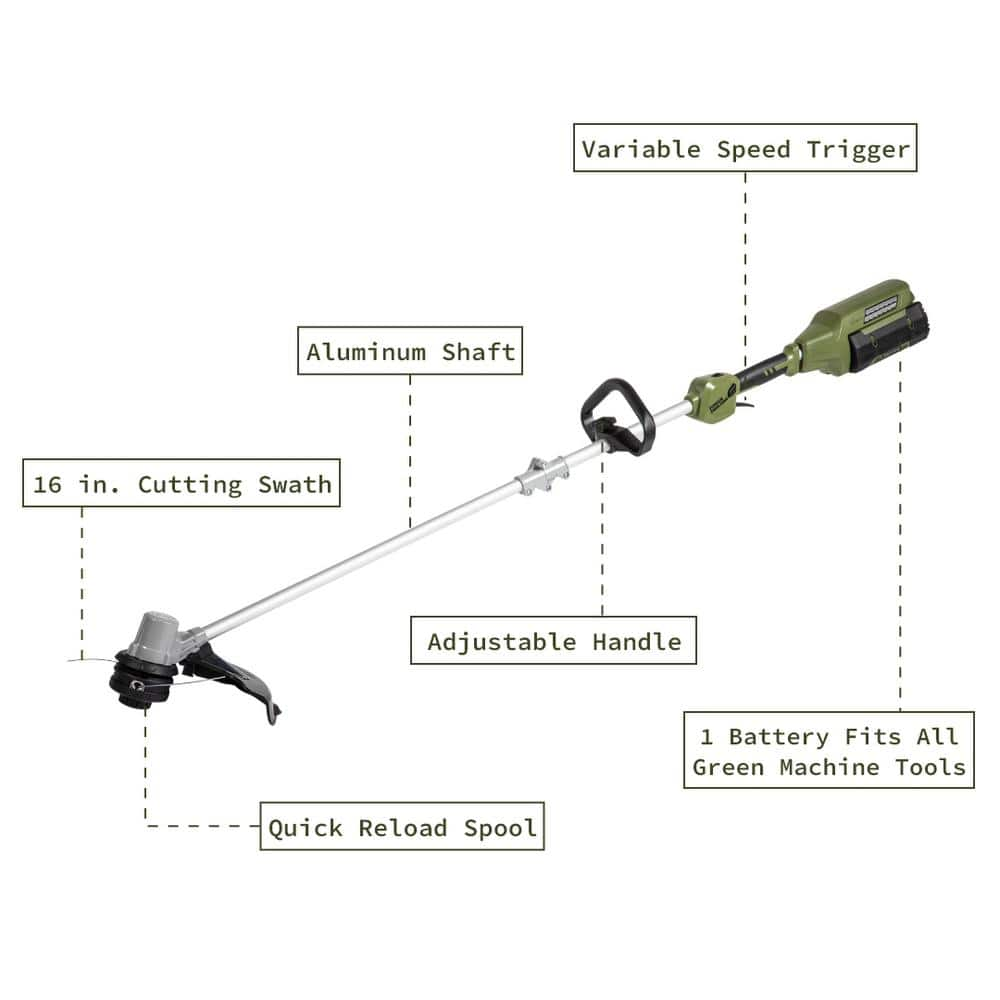 Green Machine 62V Cordless Battery 16in. String Trimmer Cut Swath Brushless Motor with Auto-wind spool and 2.5 Ah Battery and Charger GMST6200-A