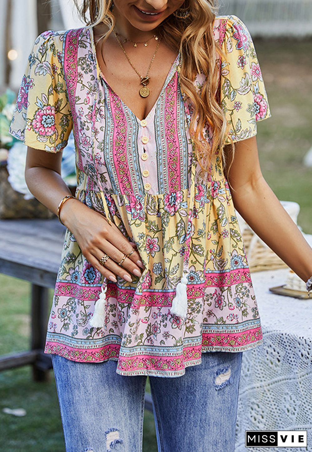 Tie V Neck Peplum Boho Blouse