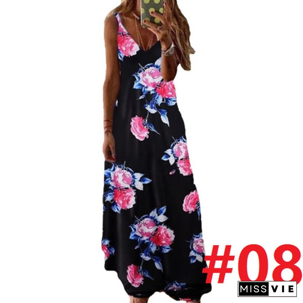 Women's Fashion Summer Sleeveless Floral Printing Sling Dress Deep V-Neck Slim Fit Big Swing Skirts Loose Casual Long Maxi Dresses Ladies Plus Size Party Dresses