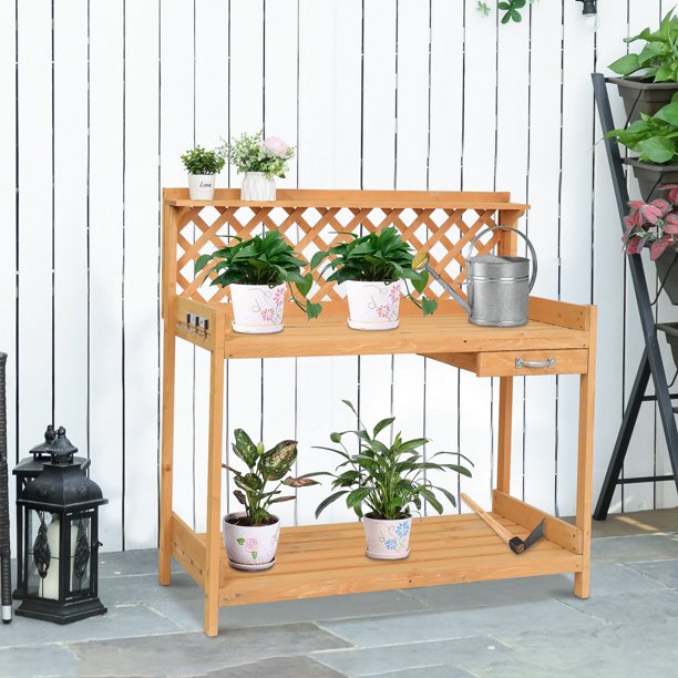 Wooden Potting Bench Table with Drawer 3 Hooks and Storage Shelf, Outdoor Gardening and Planting Tables, Work Station for Backyard Balcony Patio, Garden Workbench with Trellis, Natural Wood