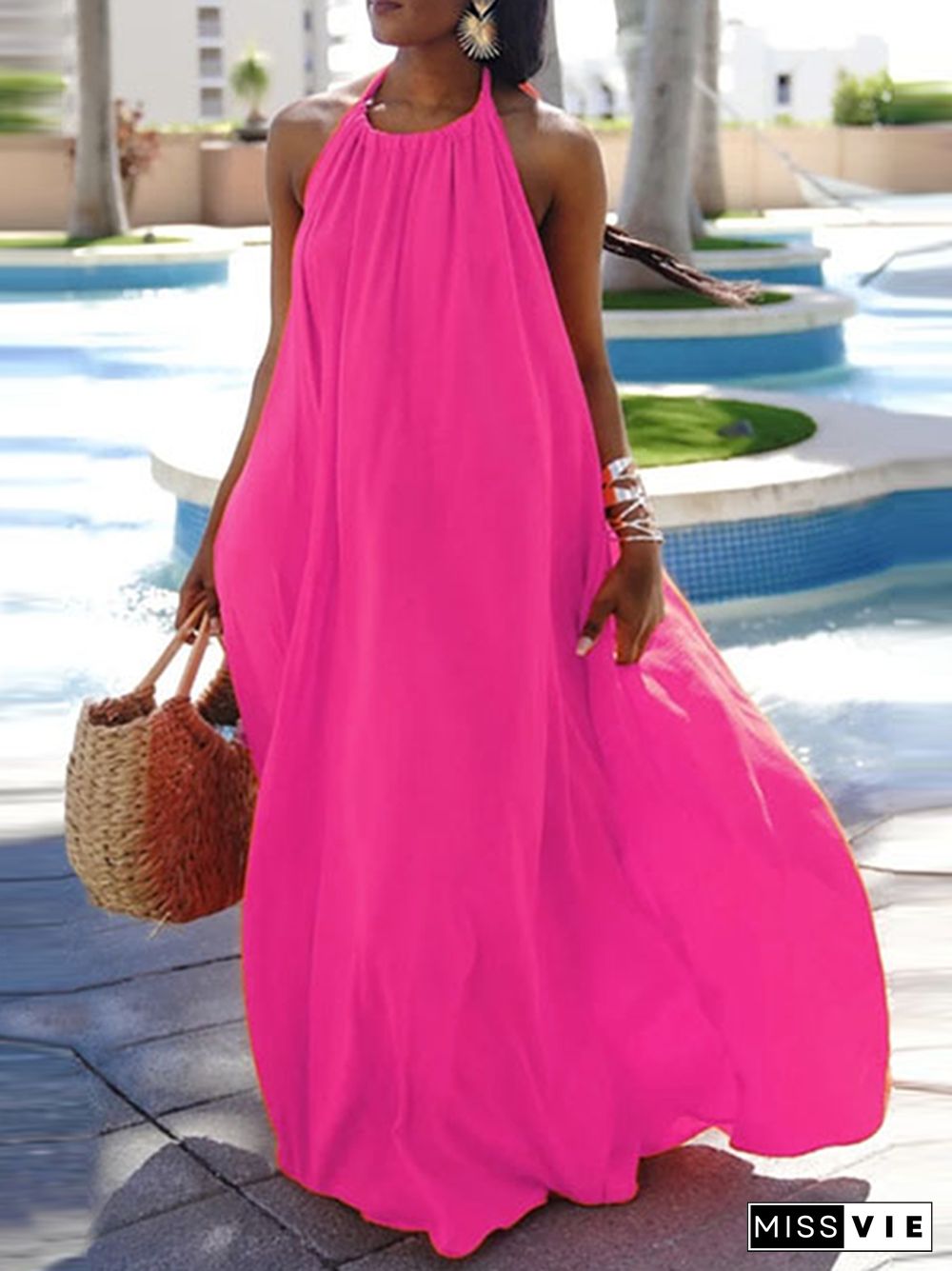 Loose Sleeveless Solid Color Halter-Neck Maxi Dresses