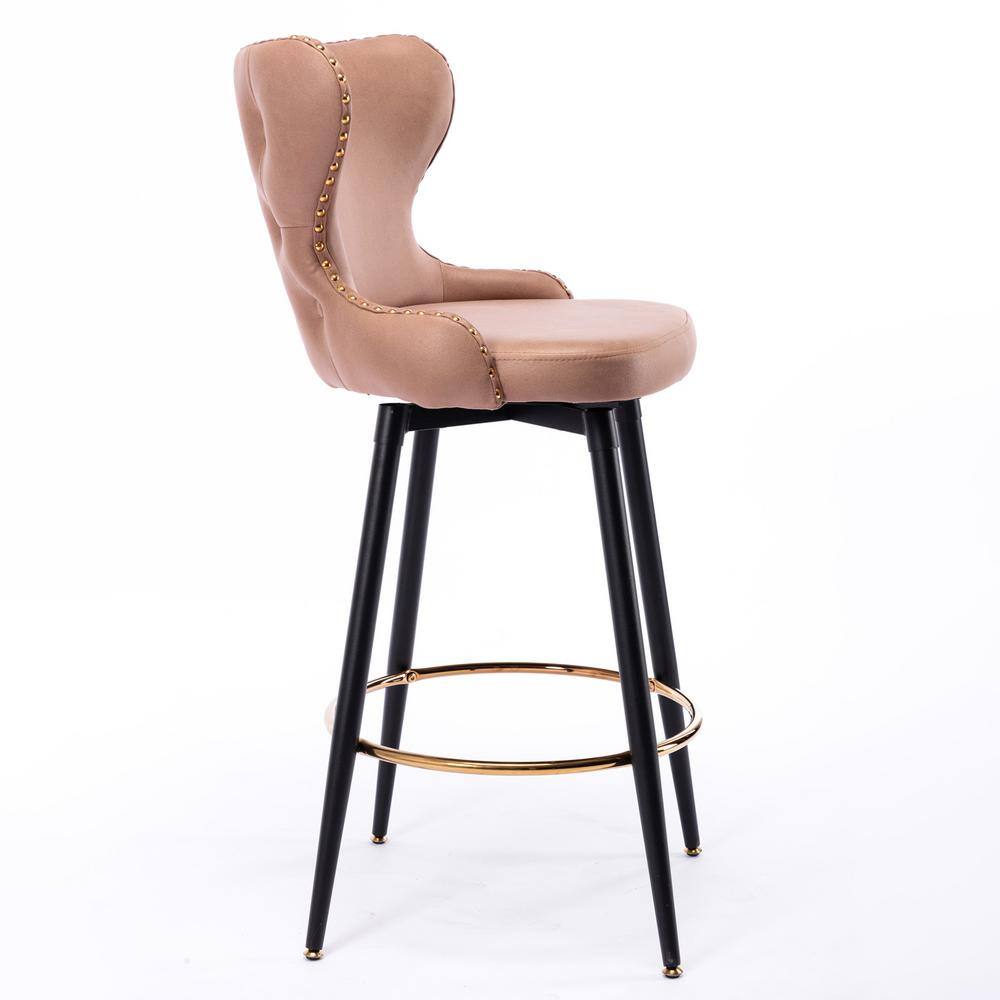 GOJANE 41.30 in. khaki Modern Leathaire Bar Stool with Tufted Gold Nailhead Trim and Metal Legs, Set of 2 W114342858LWY