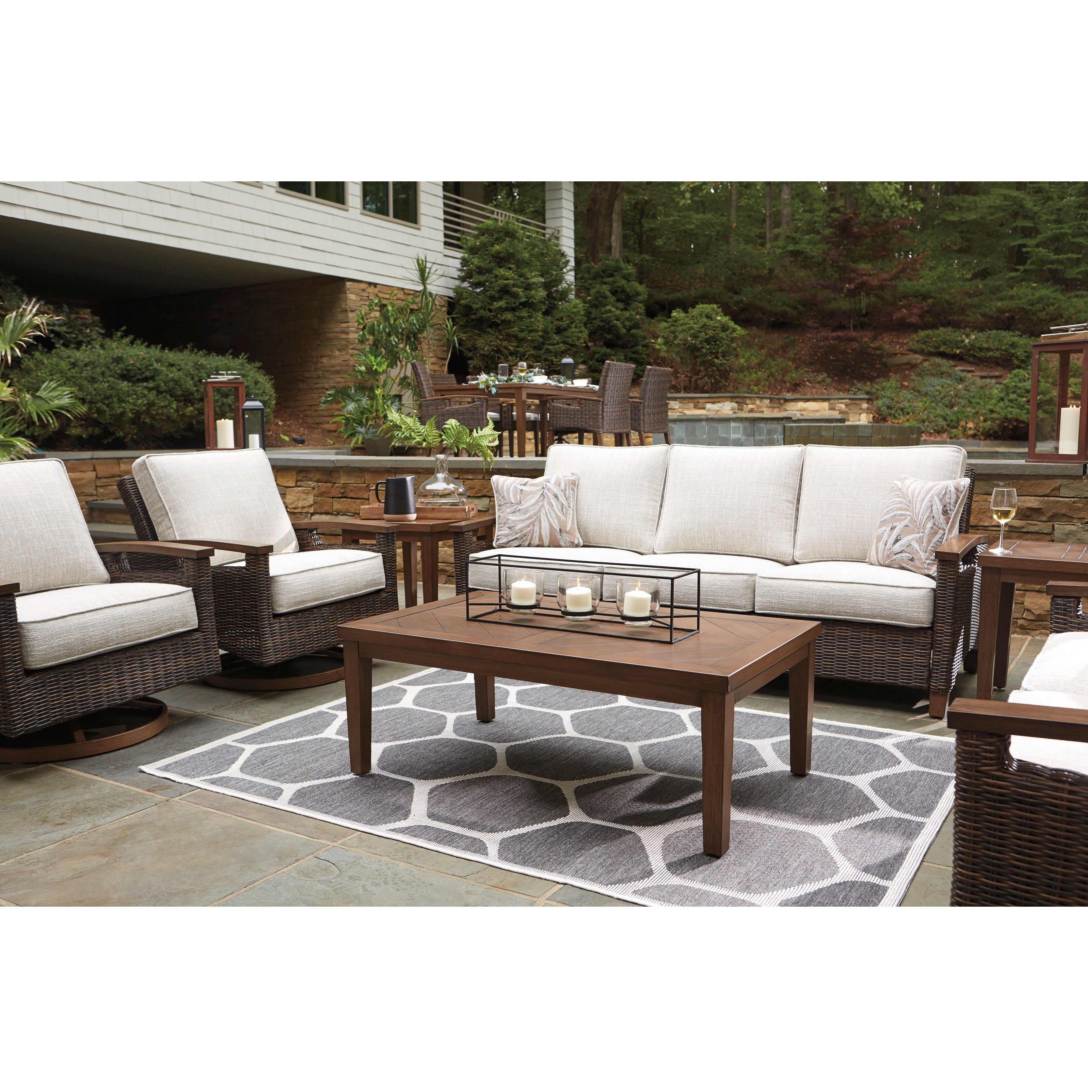 Sea Cliff 4pc Outdoor Seating Set:Sofa + 2 Swivel Rocker Club Chairs + Firepit