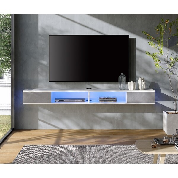 WAMPAT Floating TV Stand with LED Lights， Entertainment Center Media Console， Wall Mounted for 65/70/75 Inch TVs， WhiteandGrey…