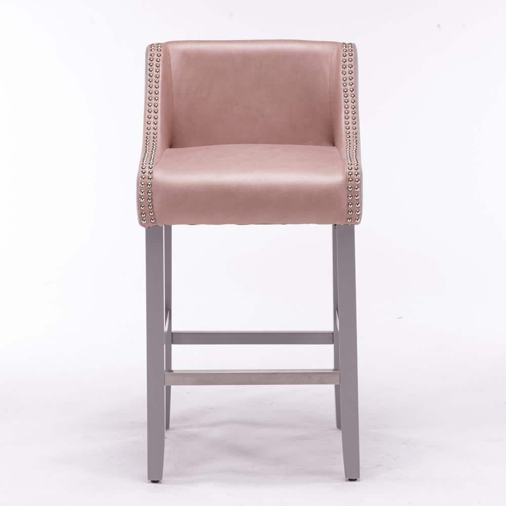 URTR Lovely 37.7 in. Pink Low Back Wood Bar Stool Side Chairs Dining Chair with Fabric Seat Nail Head Trim (Set of 2) HY02147Y