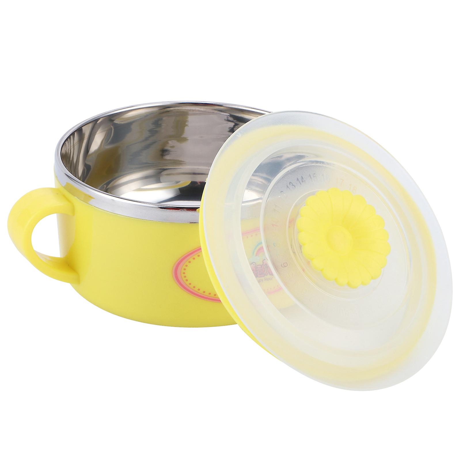 Baby Children Bowl Cartoon 304 Stainless Steel Rice Feeding Bowl with Lid TablewareYellow