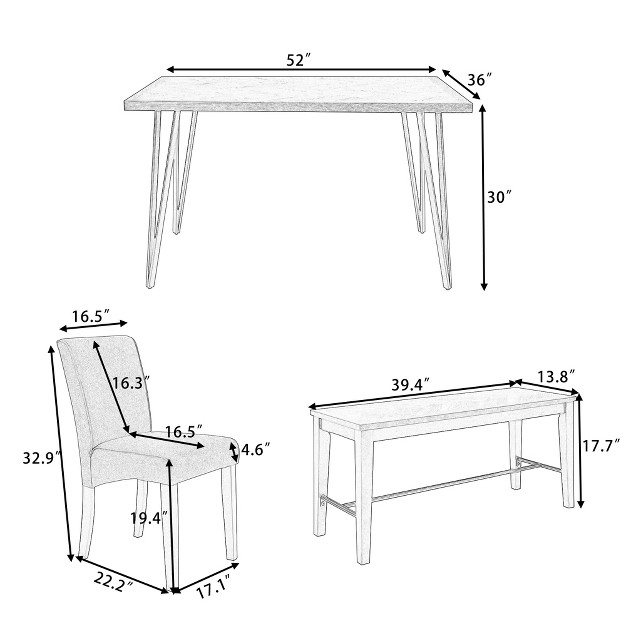 Modern 6 piece V shaped Metal Leg Dining Table Set With 4 Upholstered Chairs And 1 Bench Modernluxe