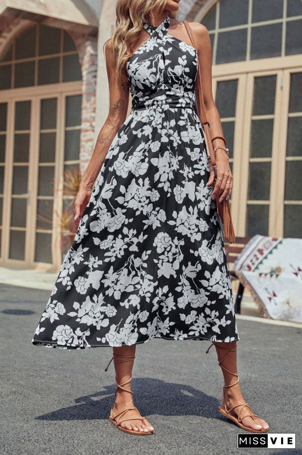 Black And White Floral Print Long Dress Wholesale