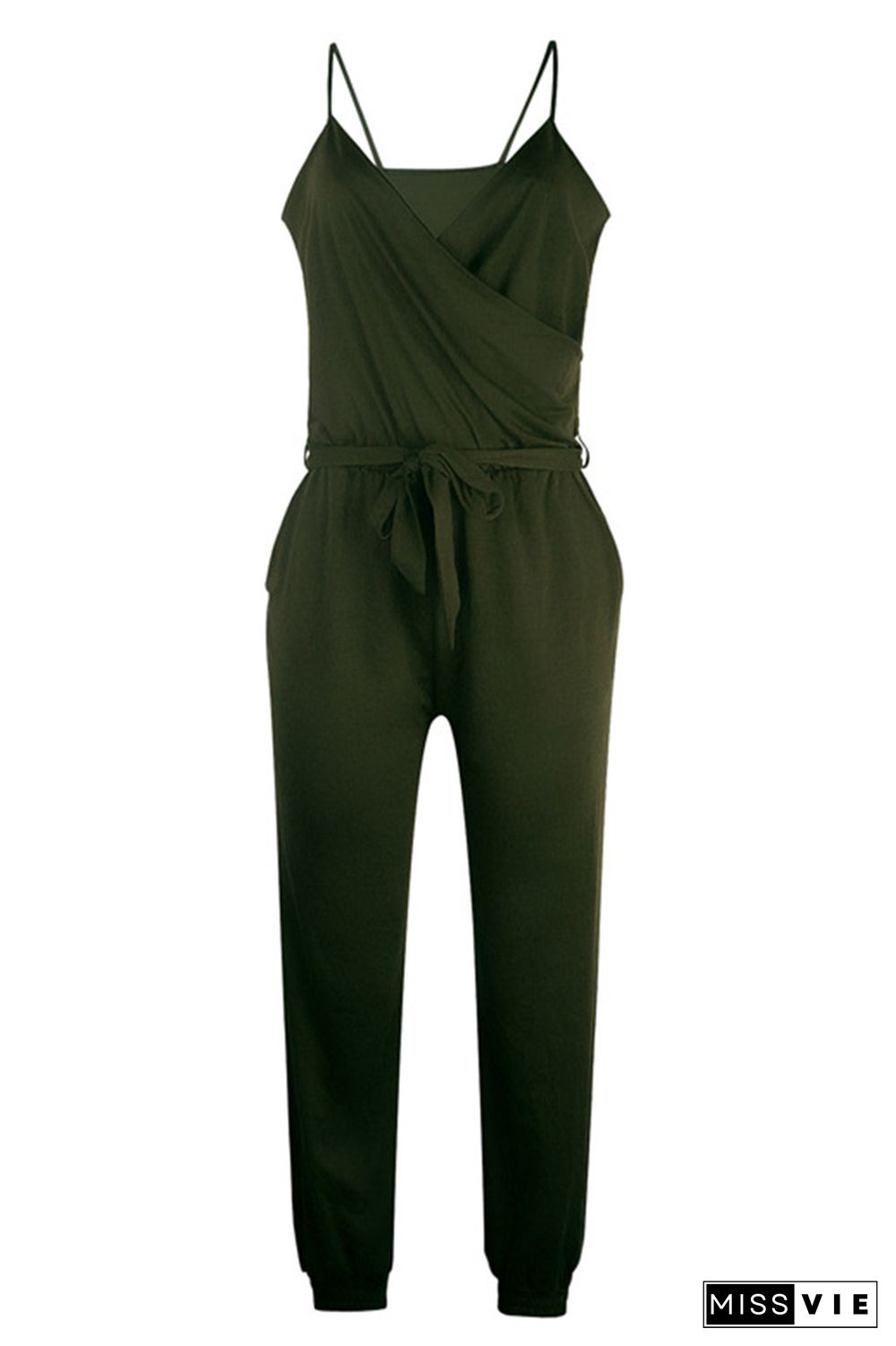 Army Green Solid Color Slip Jumpsuit With Belt