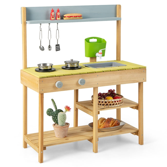 Costzon Wooden Kids Play Kitchen, Outdoor Mud Kitchen with Removable Sink, Water Box & Faucet