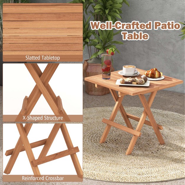 Costway 3pcs Patio Bistro Set Square Table Teak Wood Folding Chair Slatted Tabletop Seat