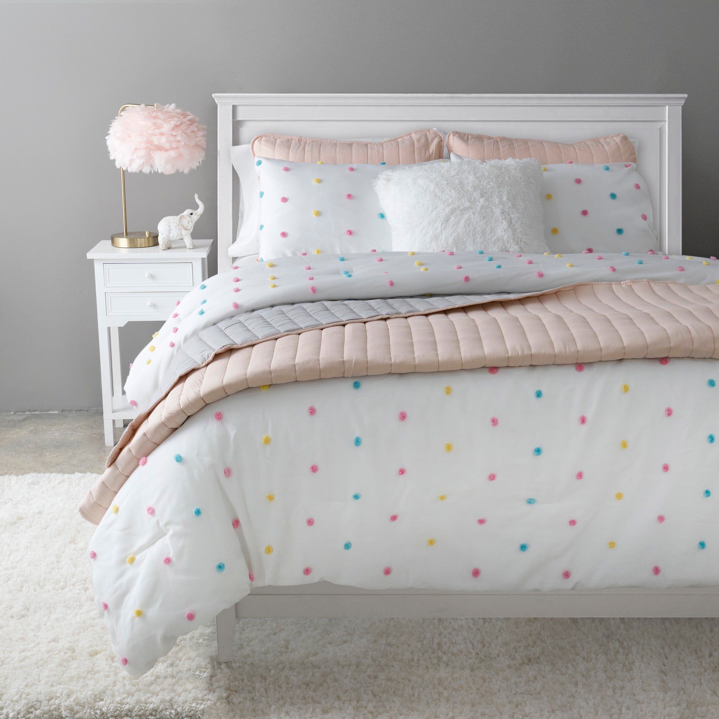 Bedding Bundle: Rainbow Tufted Dot Comforter Set + Soft Stripe Coverlet Set