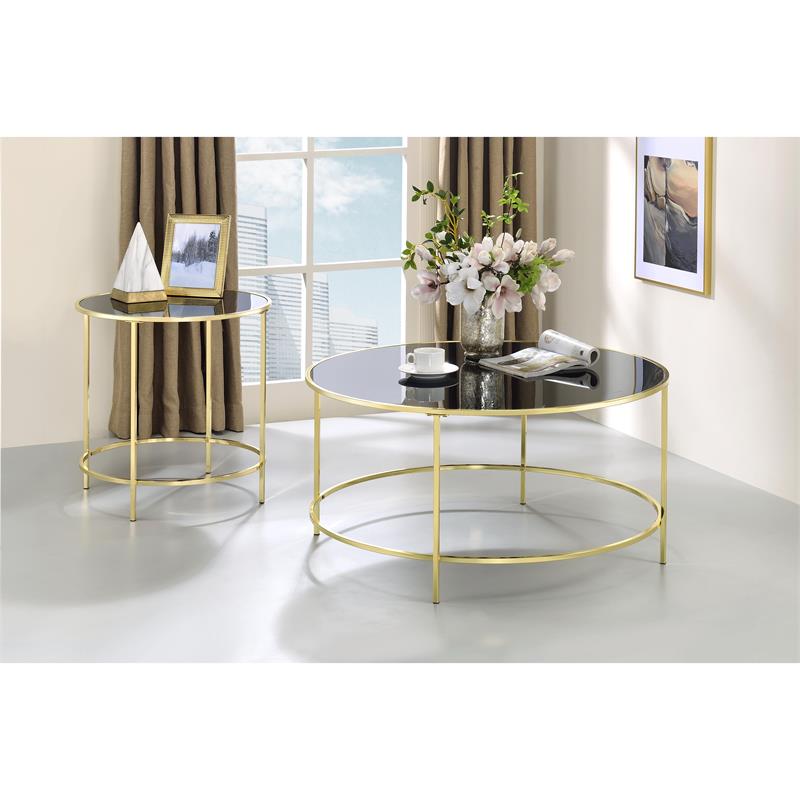 Bowery Hill Contemporary Glass Top Round Coffee Table in Brass