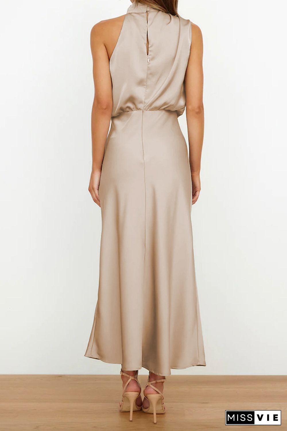 Ruched Cut Shoulder Sleeveless Sily Maxi Dress