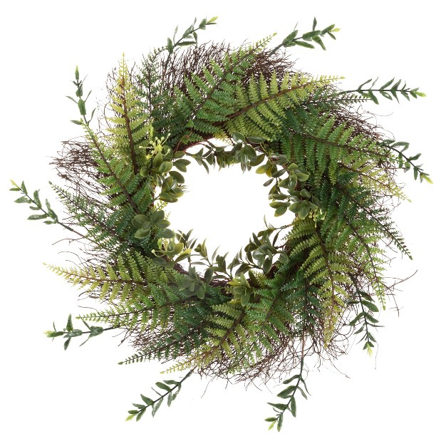 Artificial Fern Door Wreath On Grapevine Base 21 inch Uv resistant Greenery With Blossoms Slim Size For Front Porch Decor By Nature Spring green