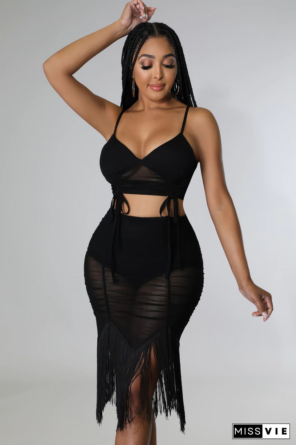 Camisole Crop Top Ruched Sheer Mesh Tassel Skirts Set