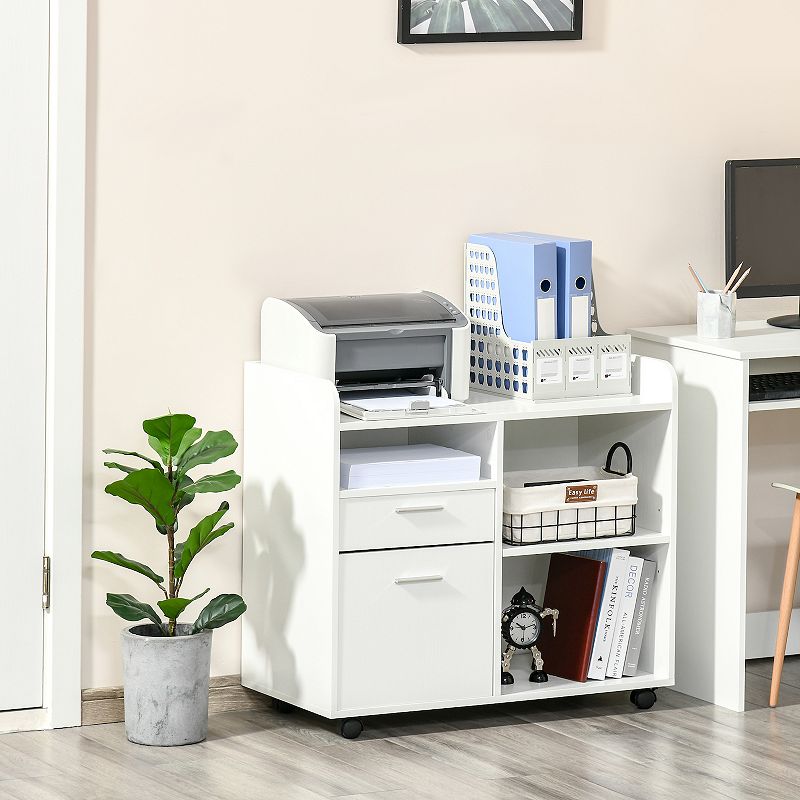 Vinsetto Filing Cabinet Printer Stand Mobile Lateral File Cabinet with 2 Drawers 3 Open Storage Shelves for Home Office Organization White