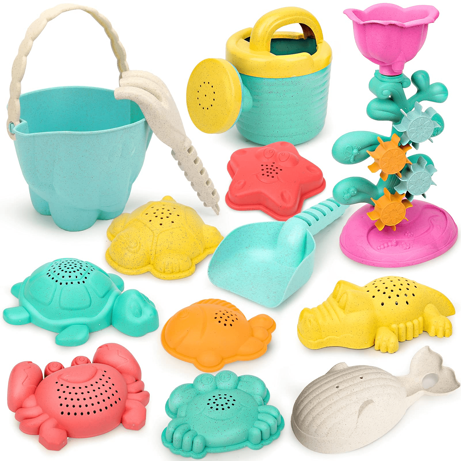 Dreamon Beach Toys Set Sand Toy for Kids 14 Pcs Flower Water Wheel Animal Molds, Gifts for Kid Ages 4 to 8