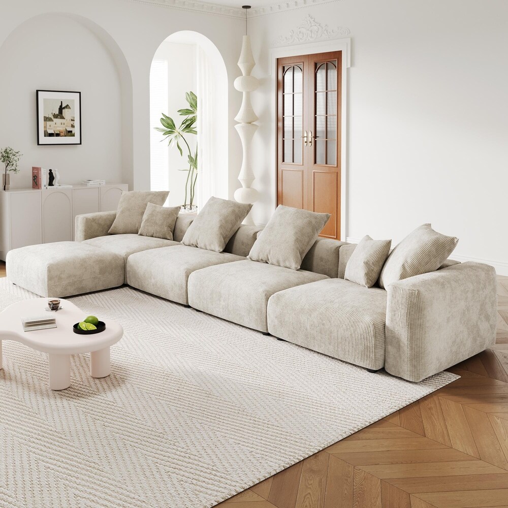 L Shaped Couch Corduroy Sofa 5 seat Modular Large Sectional Couch with Ottoman for Living Room