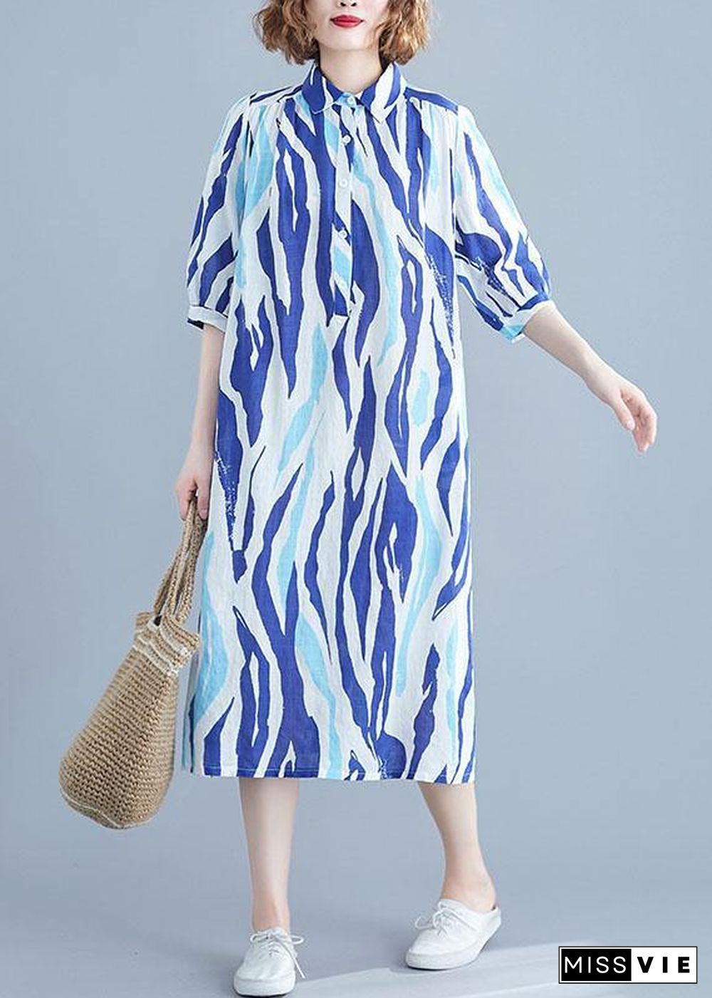 Vivid lapel half sleeve Chiffon dresses Runway blue striped Dress