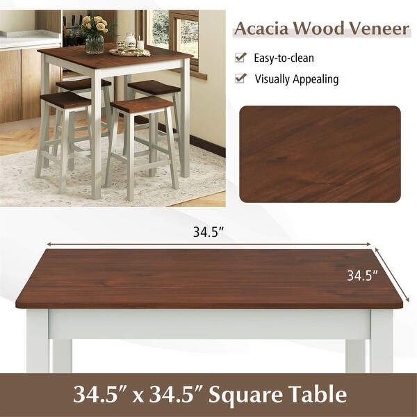 Gymax 5PCS Dining Table Set w/ 4 Saddle Stools Acacia Wood Legs Modern