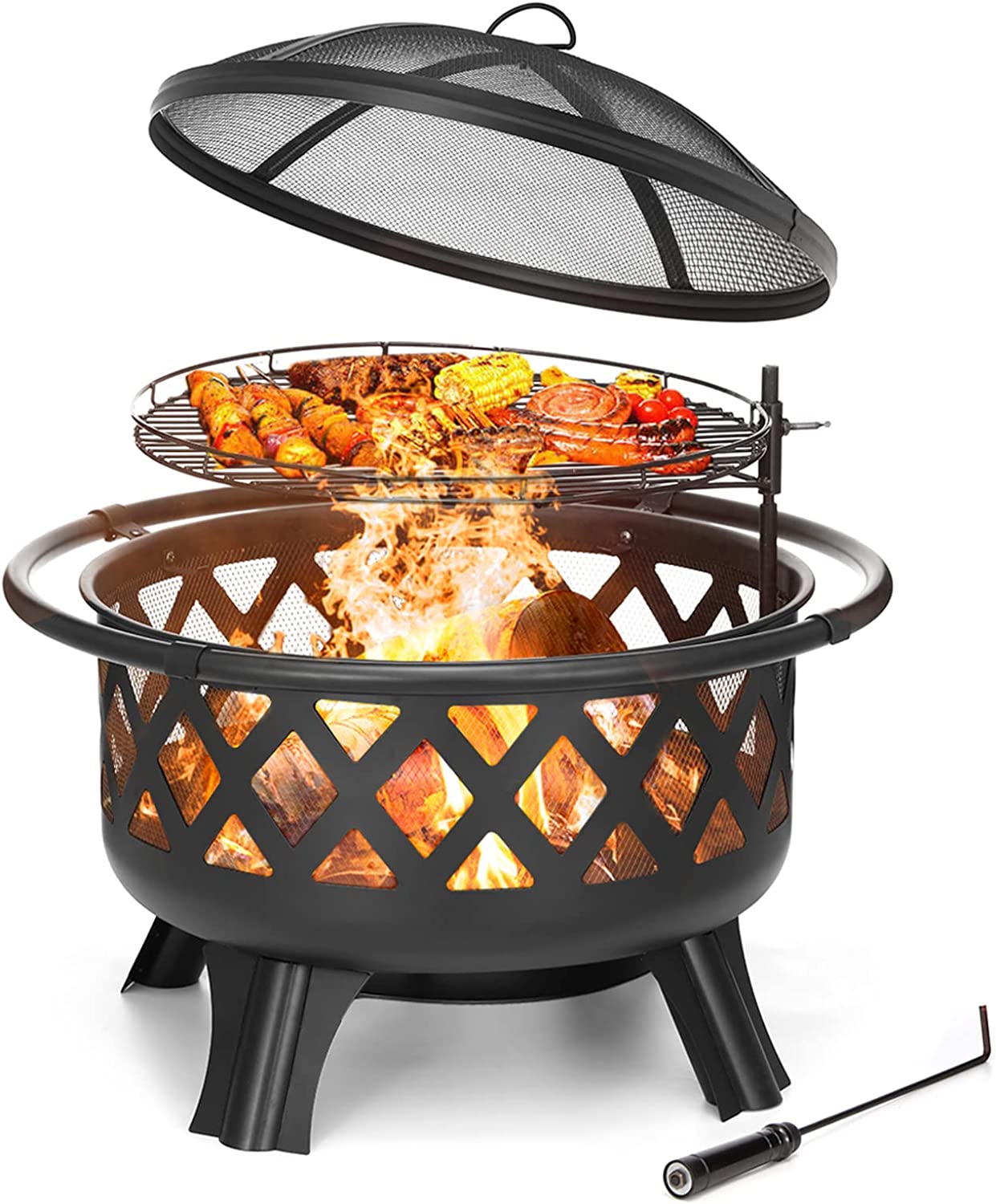 AKSG 2 in 1 Fire Pit with Cooking Grate 30'' Wood Burning Firepit Outdoor Fire Pits Steel Firepit Bowl Outside with Swivel BBQ Grill， Spark Screen， Poker for Backyard Garden Bonfire Patio