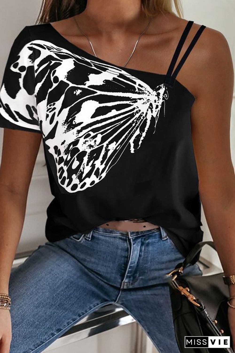 Butterfly Printed One-shoulder Strap T-shirt (2 Colors) P10388