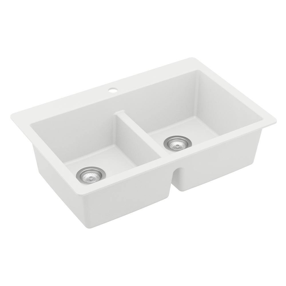 Karran QT-810 QuartzGranite 33 in. Double Bowl 5050 Top Mount Drop-in Kitchen Sink in White with Bottom Grid and Strainer QT-810-WH-PK1