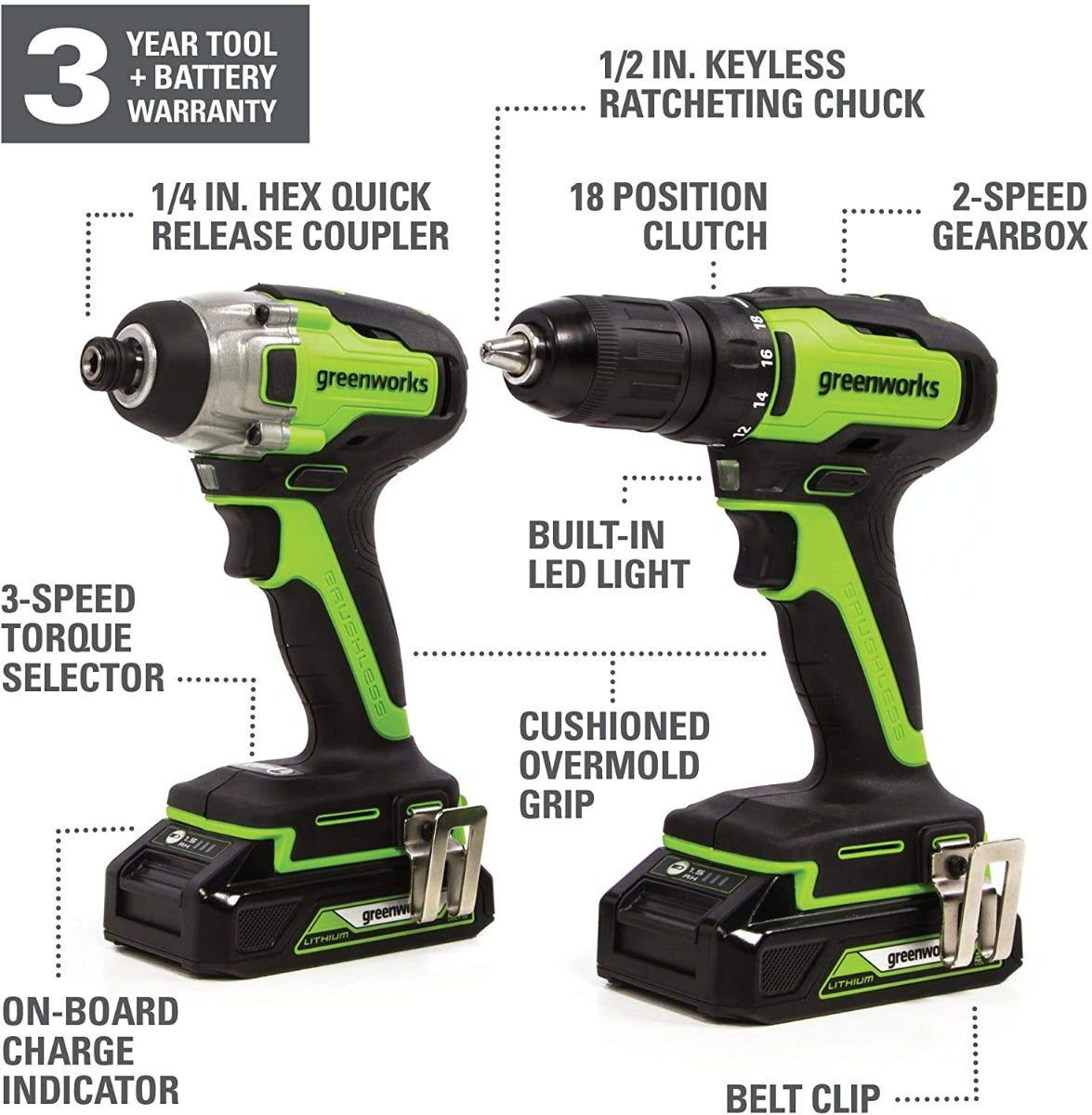 Greenworks 24V Brushless 310 in./lbs Drill / Driver + 1900 in./lbs Impact Driver Combo Kit， (2) USB (Power Bank) Batteries and Dual Port Charger， LED Light， 2pcs Driving Bits with Tool Bag， 1309702AZ