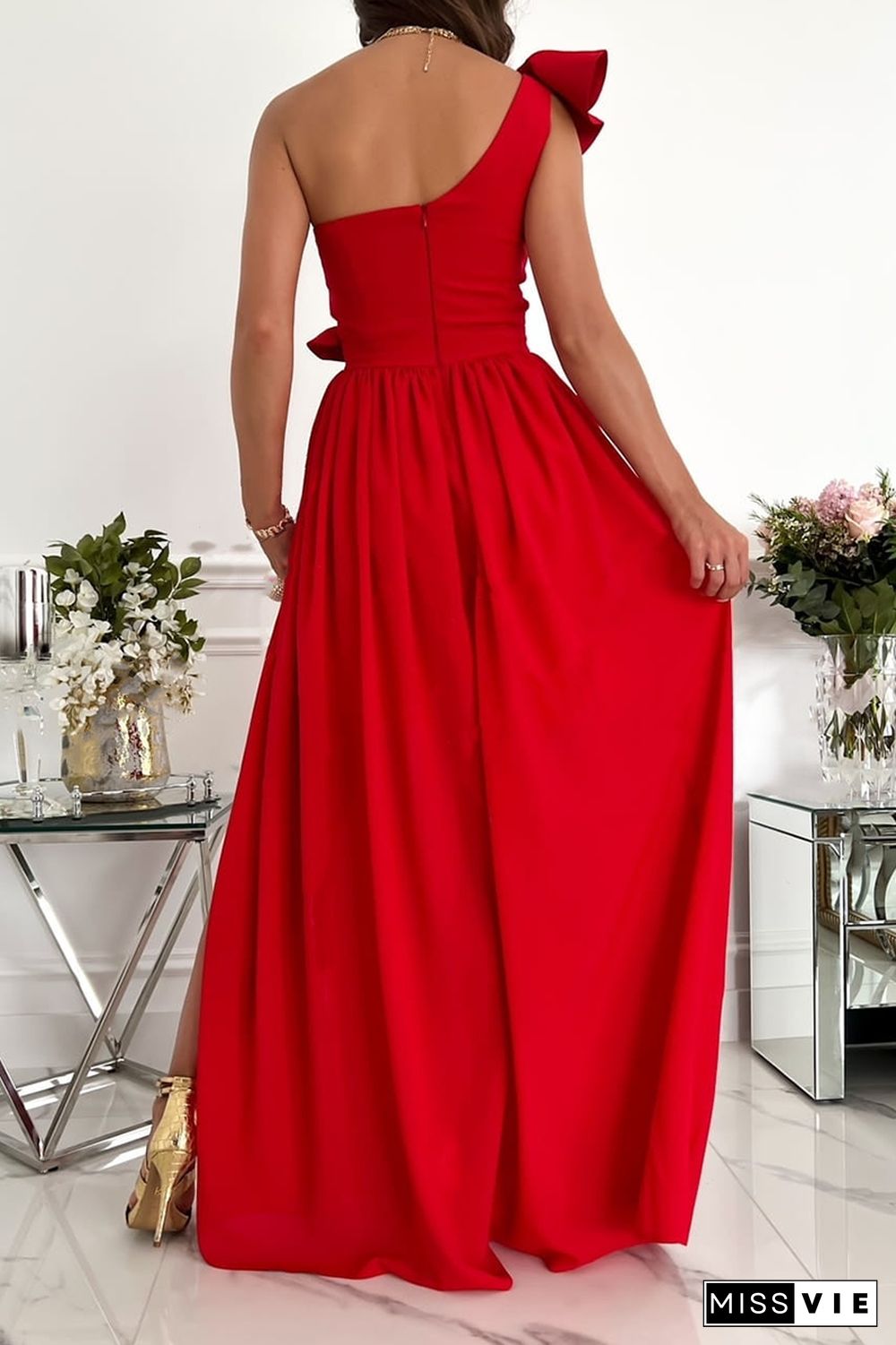 Casual Solid Flounce One Shoulder Cake Skirt Dresses(6 colors)