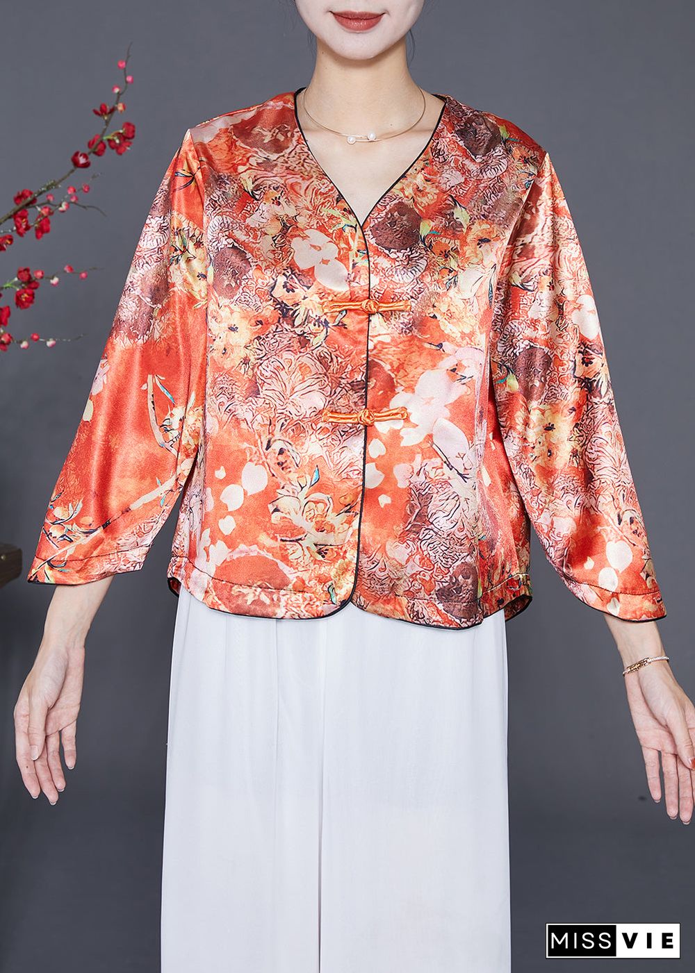 Chic Orange Chinese Button Print Silk Shirts Bracelet Sleeve