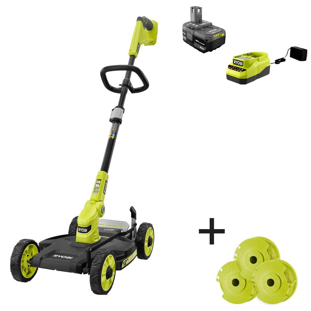 RYOBI ONE 18Volt 12 in Cordless 3in1 Trim Mower with Extra 3Pack of Spools 40 Ah Battery and Charger