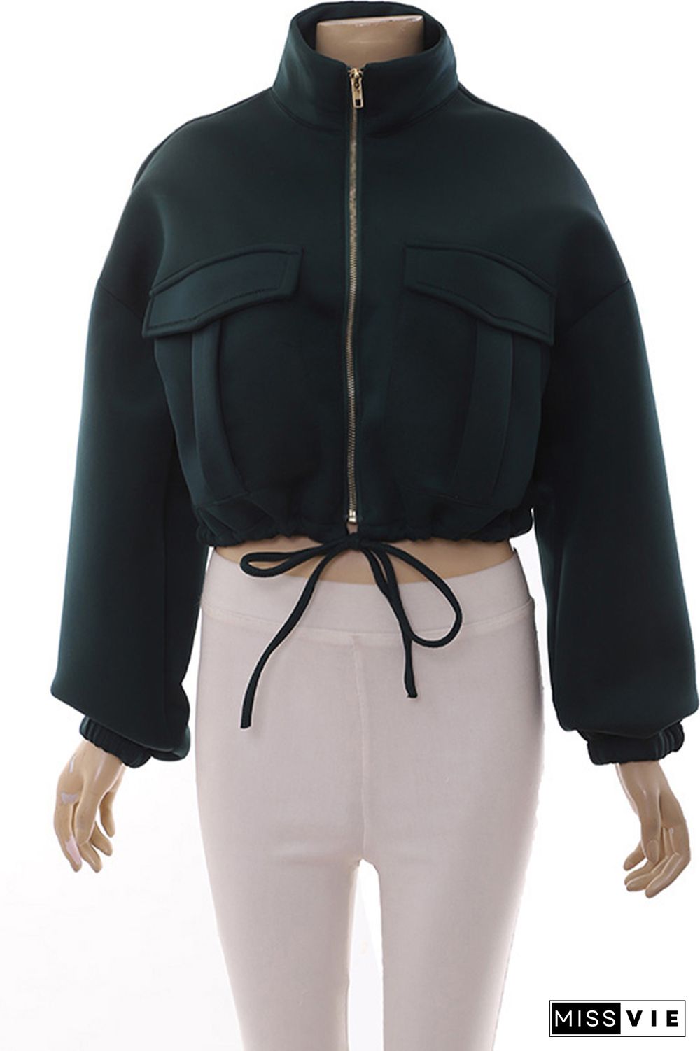 Zipper Pockets Drawstring Short Jacket Coat