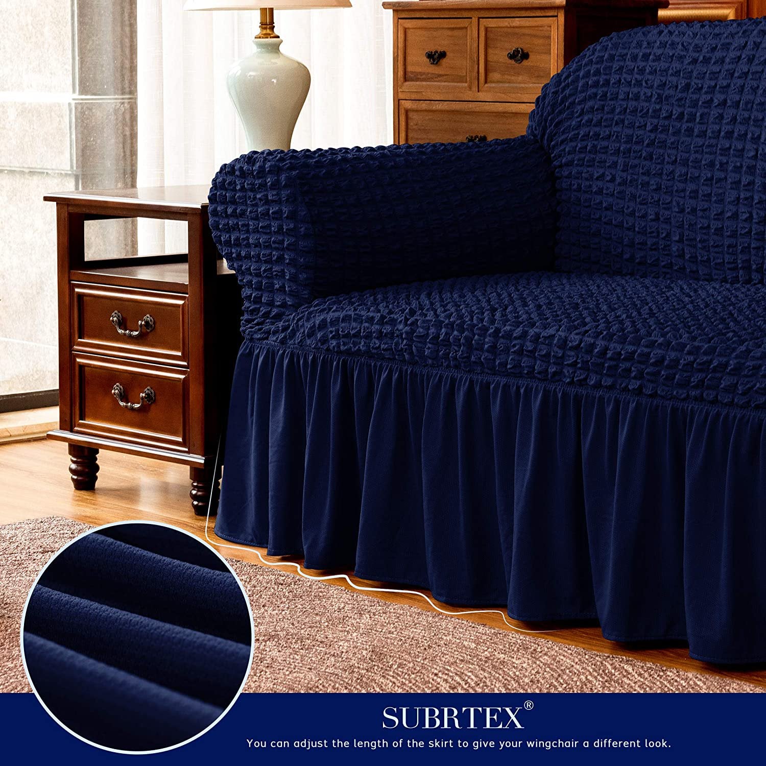 Subrtex 1-Piece Seersucker Sofa Slipcover Skirt Stretch Couch Cover (Loveseat, Navy Blue)