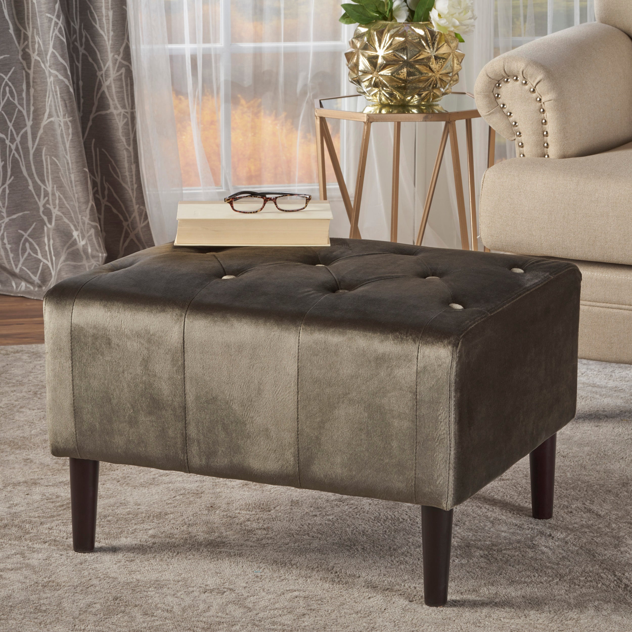 Kalani Modern Glam Button Tufted Diamond Stitch Velvet Ottoman With Tapered Legs