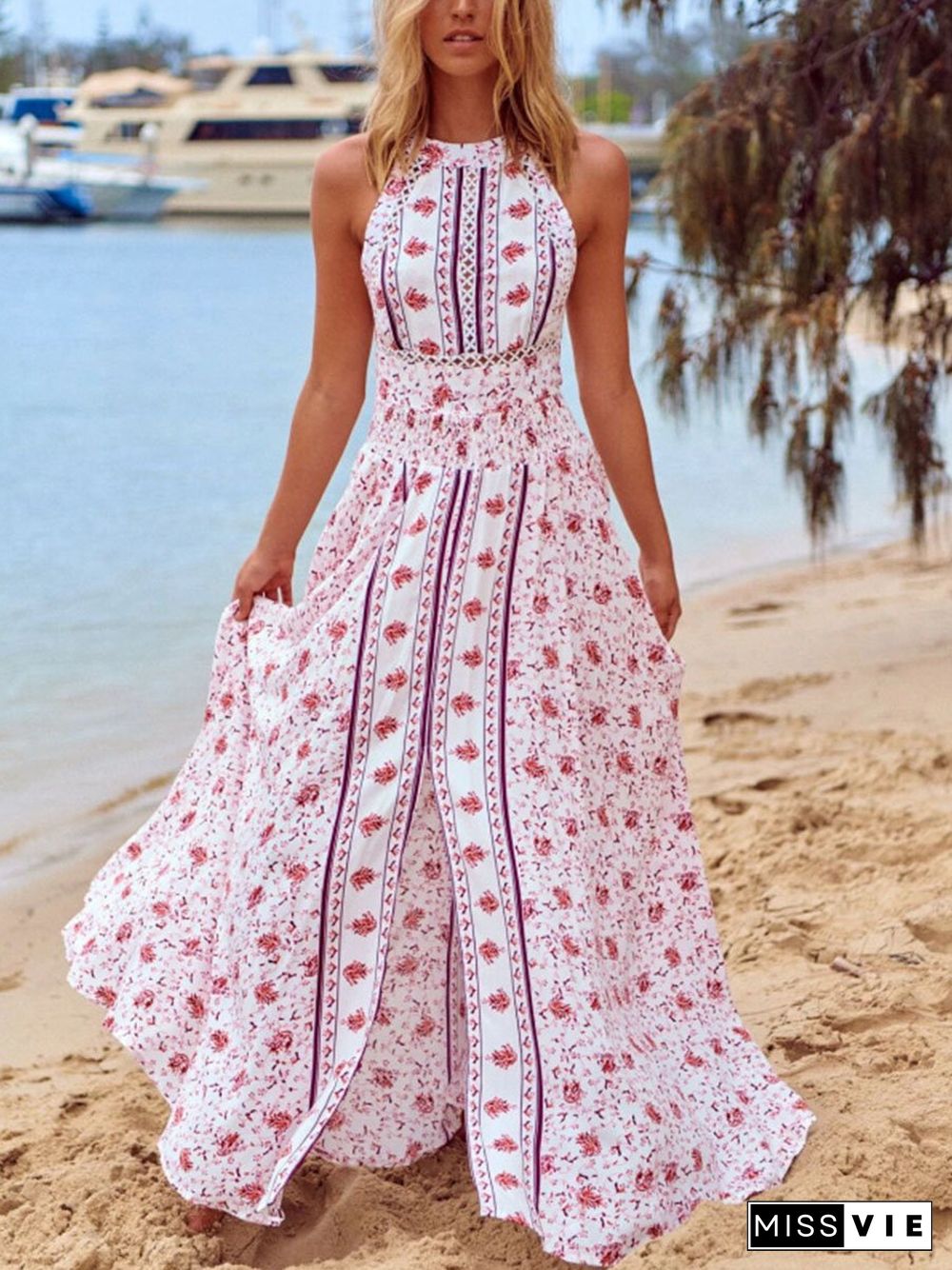 Floral Print Sleeveless High Sllit Maxi Dress P11930