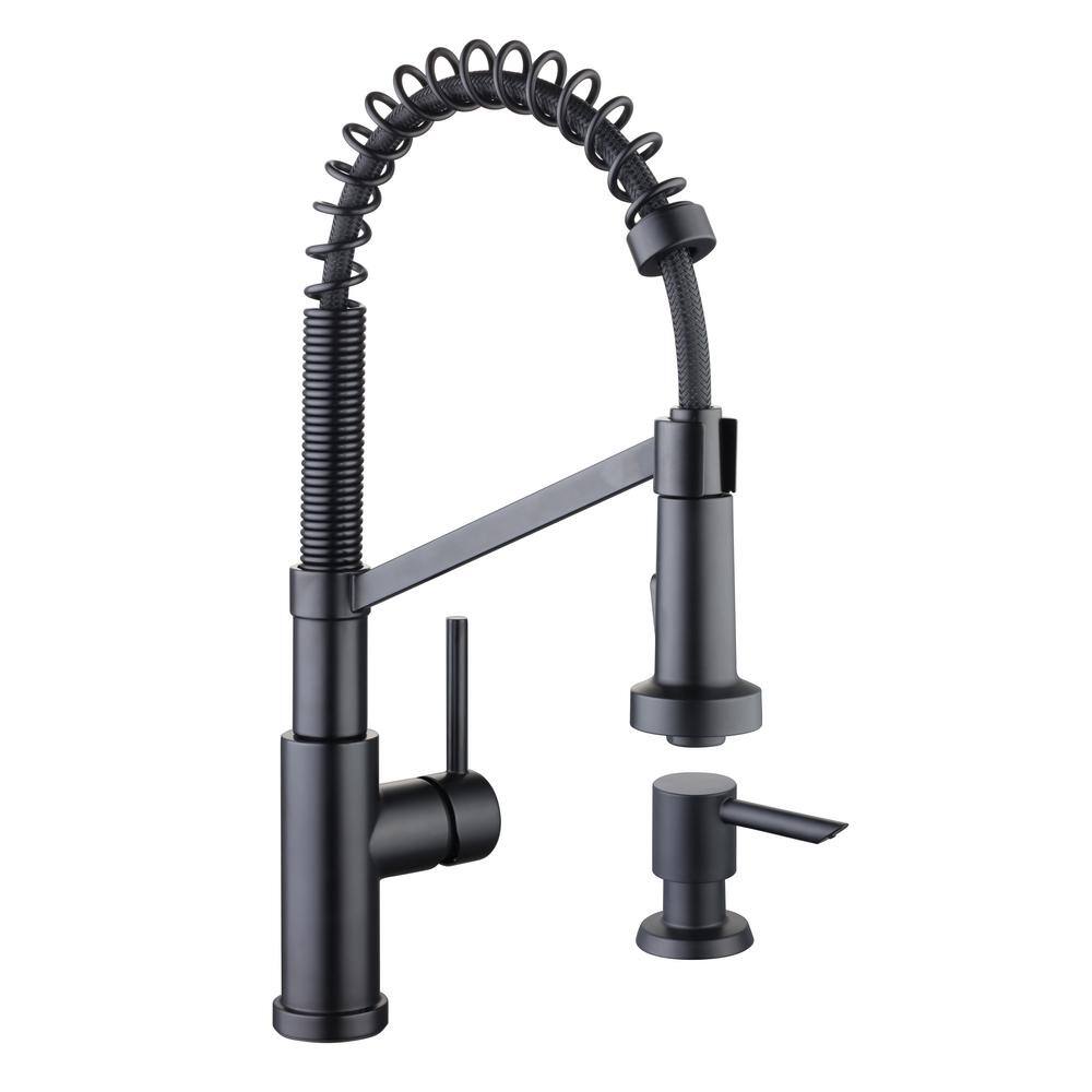 Glacier Bay Gage Single-Handle Spring Neck Pull-Down Sprayer Kitchen Faucet with Soap Dispenser in Matte Black HD67458-1410H