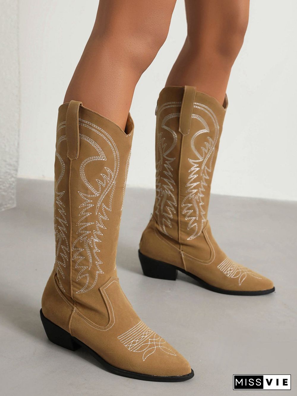 Embroidered Panel Plush Warm Pointed-Toe Cowboy Boots