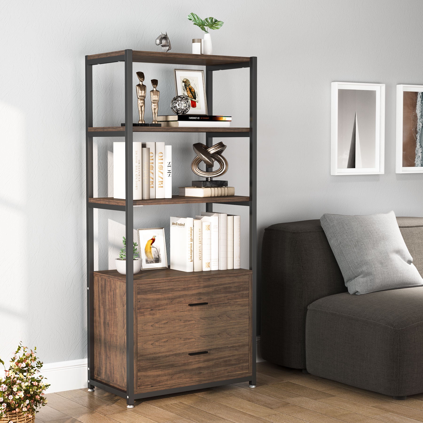 2-Drawer Bookshelf Etagere Bookcase with Open Shelves