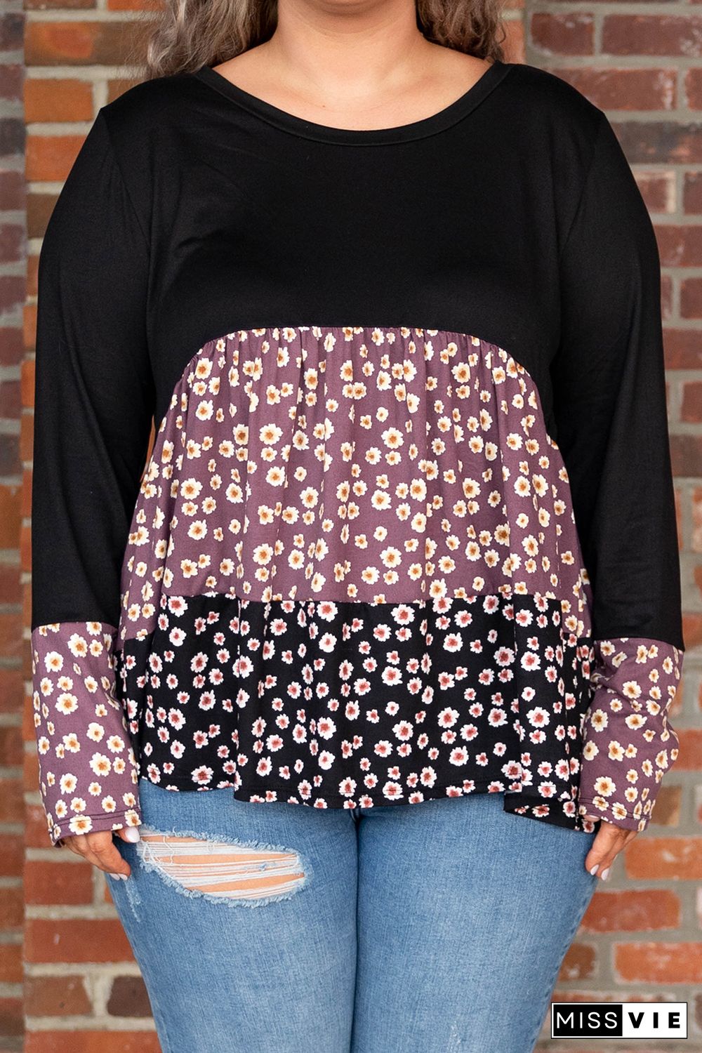 Black Floral Pattern Color Block Plus Size Pullover Top