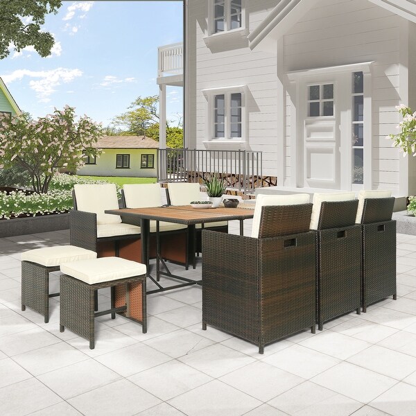 11Piece Patio Dining Set with Foldable Chairs，Wood Tabletop，PE Wicker Furniture for Outdoor Gatherings